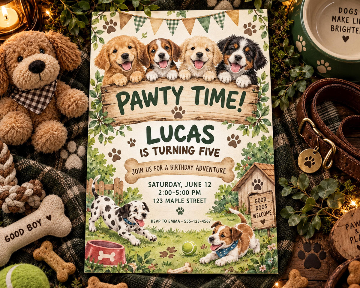 The image is a birthday invitation for a dog-themed party for a boy named Lucas, featuring illustrations of four dogs and various dog-related elements.