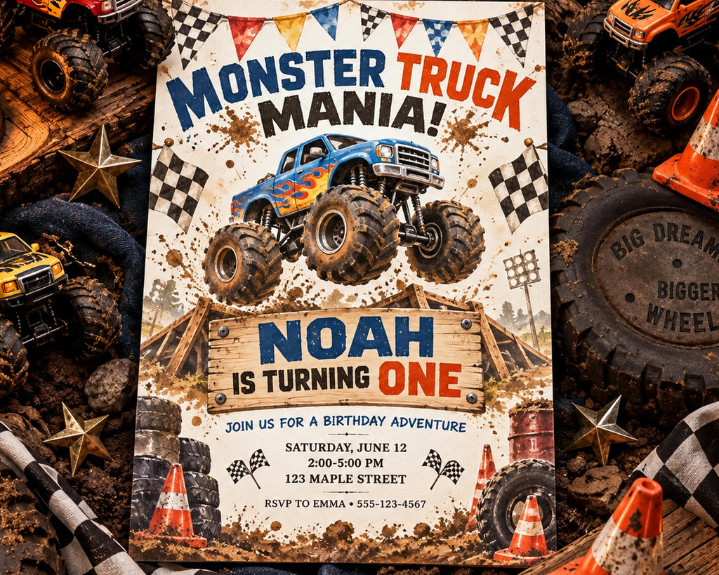 The image is a birthday party invitation featuring a monster truck theme, with a blue truck and various monster truck-related elements such as tires, cones, and a checkered flag banner.