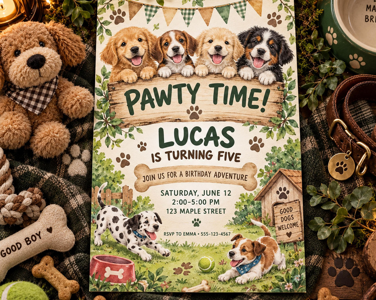 The image is a birthday invitation for a dog-themed party for Lucas, who is turning five. The invitation features illustrations of four dogs and includes details about the party, such as the date, time, location, and RSVP instructions.