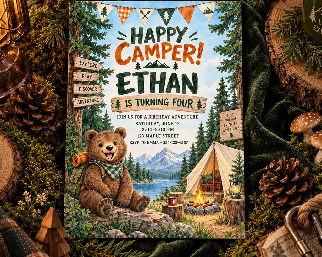 The image is a birthday invitation for a boy named Ethan, featuring a teddy bear and camping scenes.