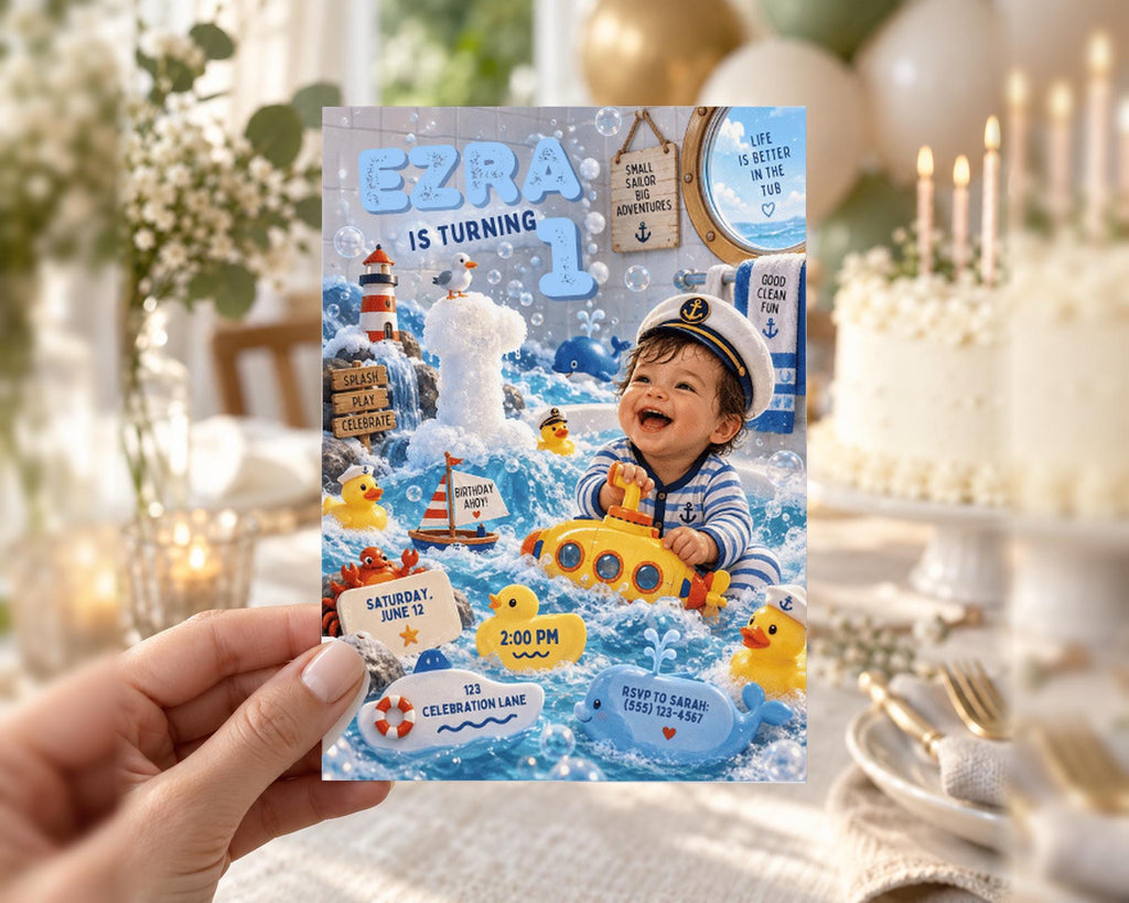 A hand holding a birthday invitation card with a child's image and various nautical elements, such as a boat, bubbles, and a lighthouse.