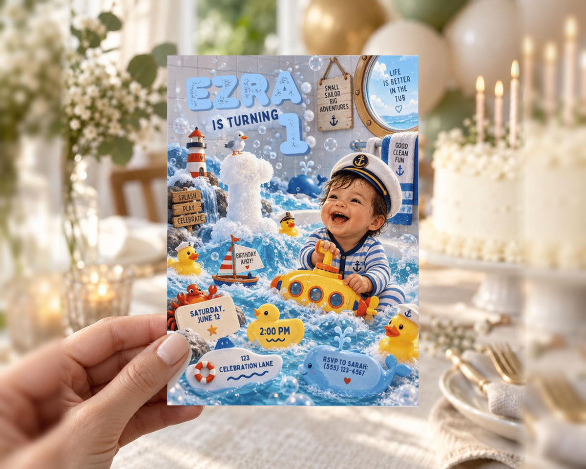 A hand holding a birthday invitation card with a child's image and various nautical elements, such as a boat, bubbles, and a lighthouse.