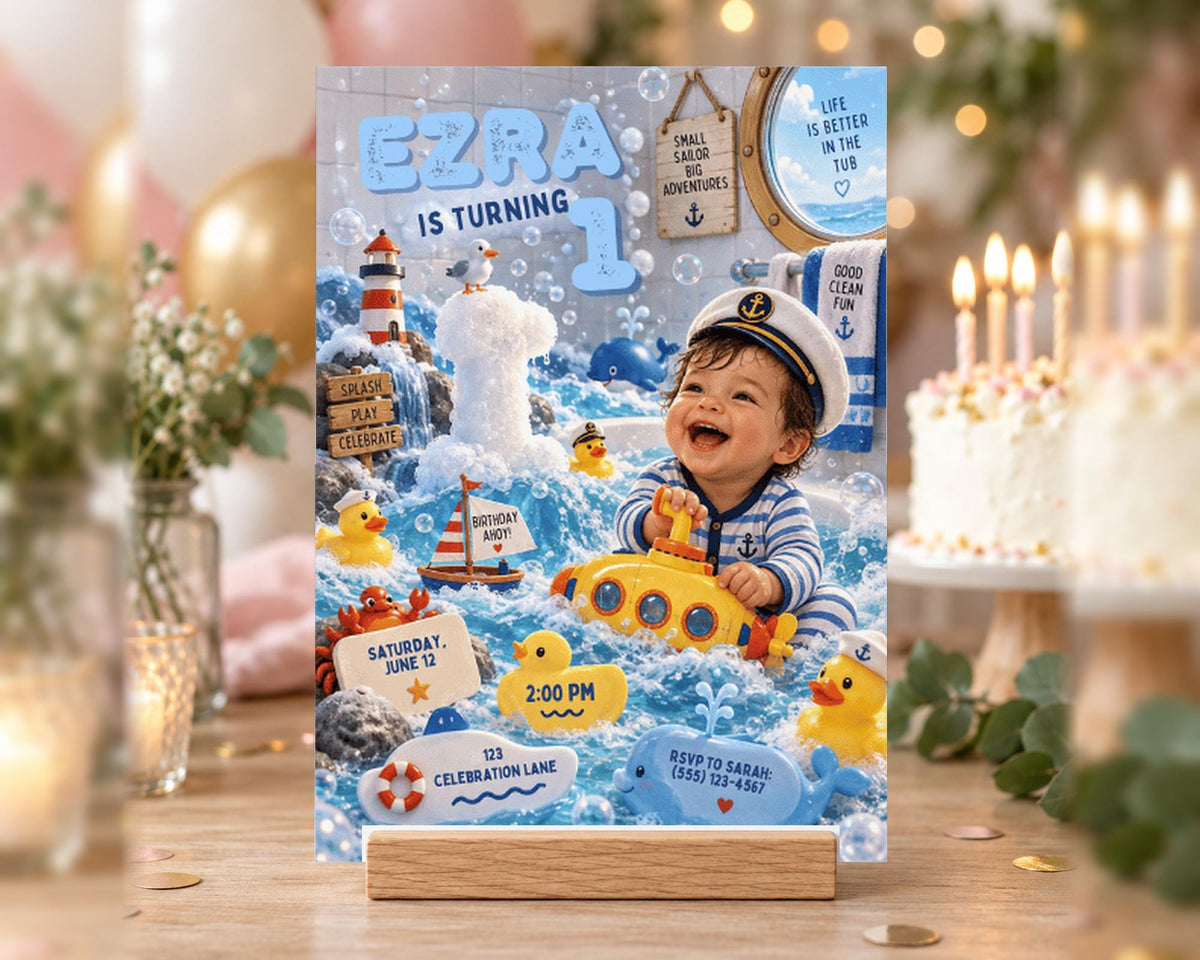 A birthday party invitation for a child named Eza, featuring a smiling baby surrounded by various nautical and marine-themed elements such as a submarine, bubbles, and a lighthouse.