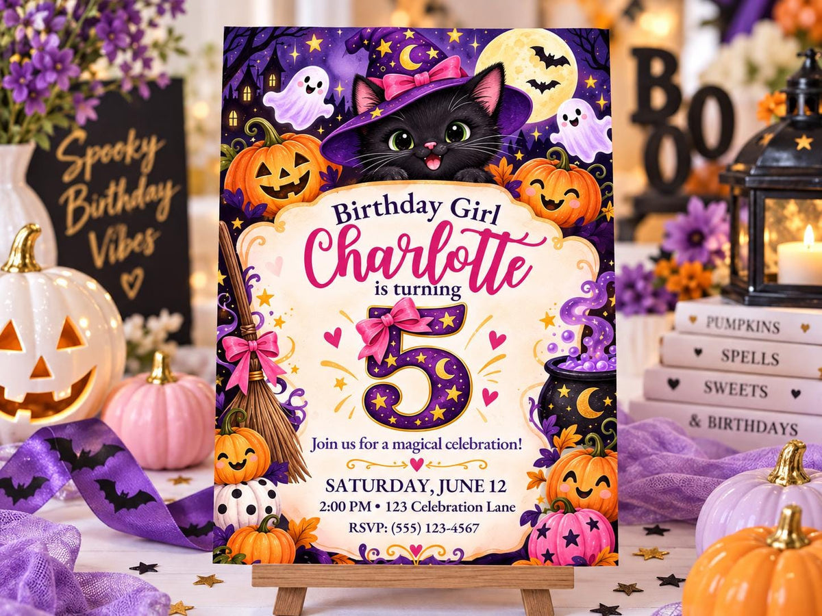 Friendly Halloween Cat 5th Birthday Invitation for Girl, Editable Canva Template, 5x7