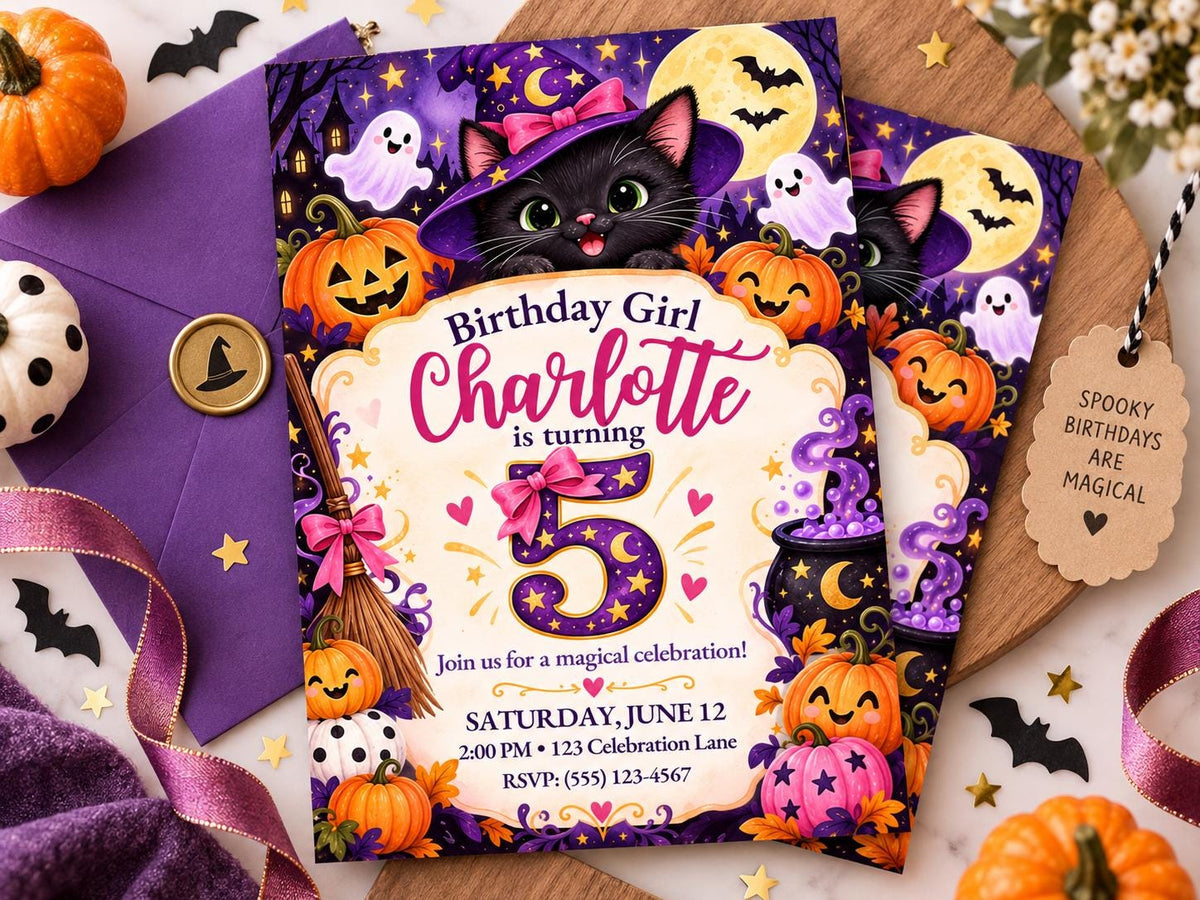 Friendly Halloween Cat 5th Birthday Invitation for Girl, Editable Canva Template, 5x7
