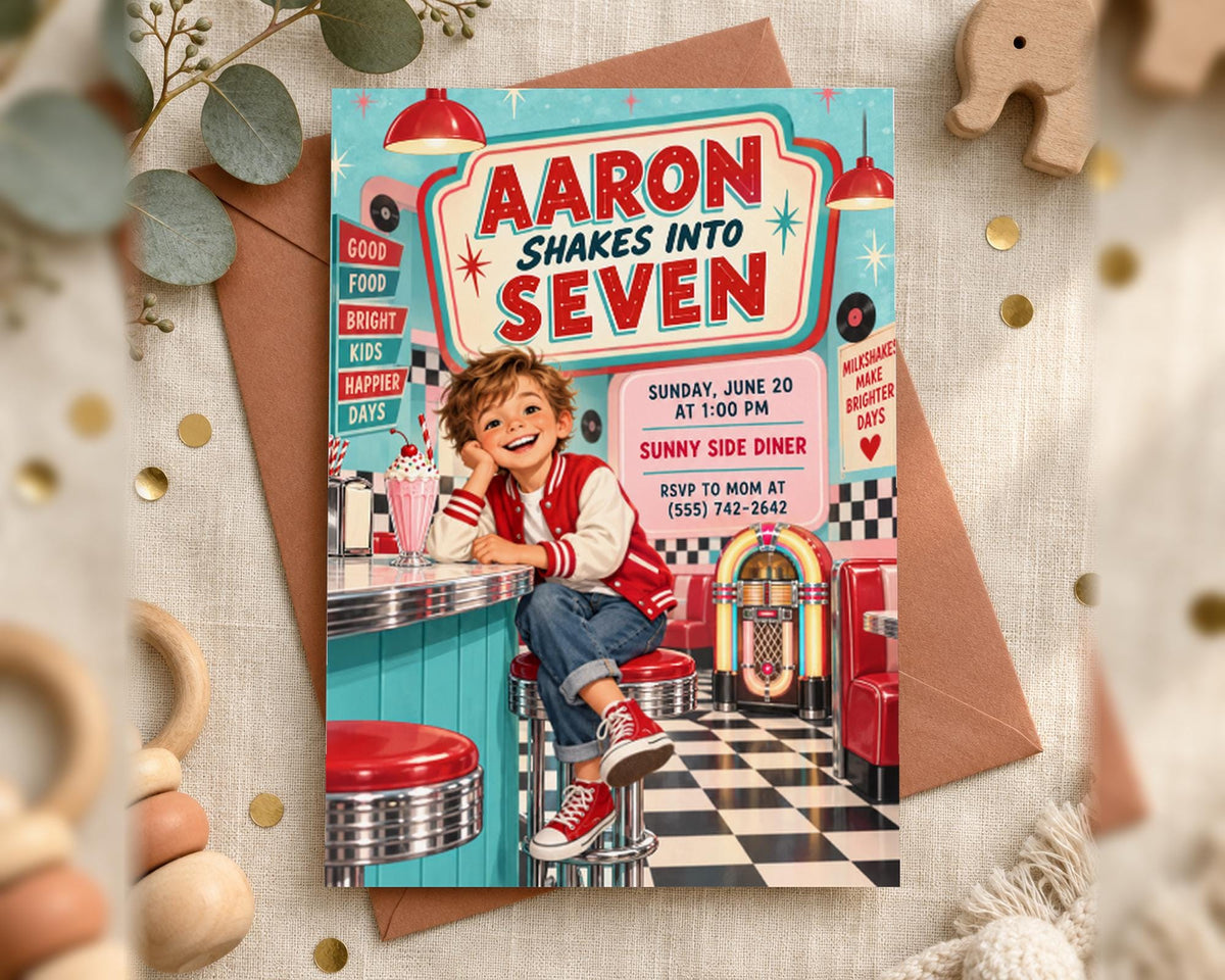 A colorful invitation card for a " Aaron Shakes into Seven" party, featuring a young boy sitting at a diner counter with a jukebox and other vintage diner decor.