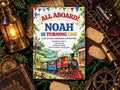 The image is a birthday invitation for a train-themed party, featuring a colorful train and various train-related items such as a lantern, a compass, and a toy train.