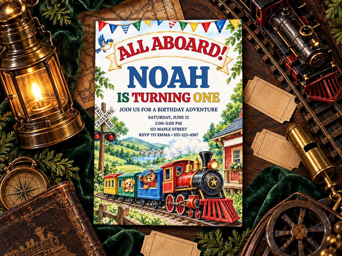 The image is a birthday invitation for a train-themed party, featuring a colorful train and various train-related items such as a lantern, a compass, and a toy train.