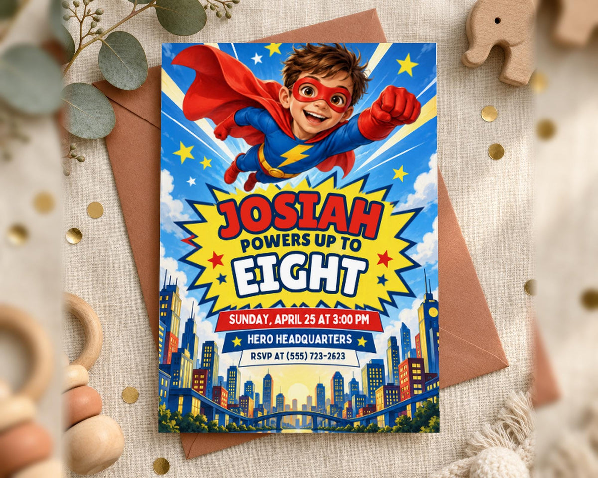 A colorful birthday invitation for a superhero-themed party, featuring a young boy in a superhero costume flying above a city skyline.