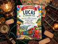The image is a birthday invitation for Lucas, who is turning five years old. The invitation features a colorful illustration of a train and tracks, along with the text "All Aboard! Lucas is Turning Five" and "Join us for a Birthday Adventure Saturday, June 12, 2:30 PM, 125 Maple Street, RSVP TO EMMA - 555-456-567".
