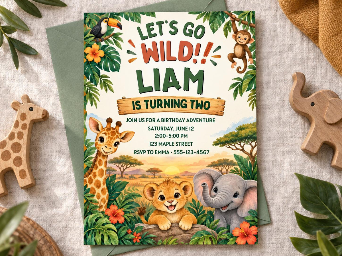 The image is a birthday invitation featuring a jungle theme with various animals such as a giraffe, lion, and elephant.