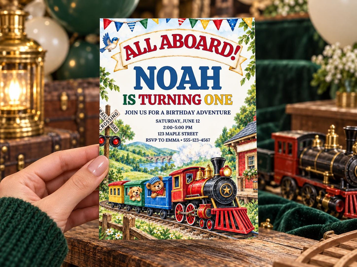 A person's hand holding a birthday invitation card with a colorful train illustration and text.