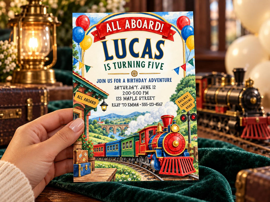 a birthday invitation for a train-themed party for a child named Lucas, who is turning five.