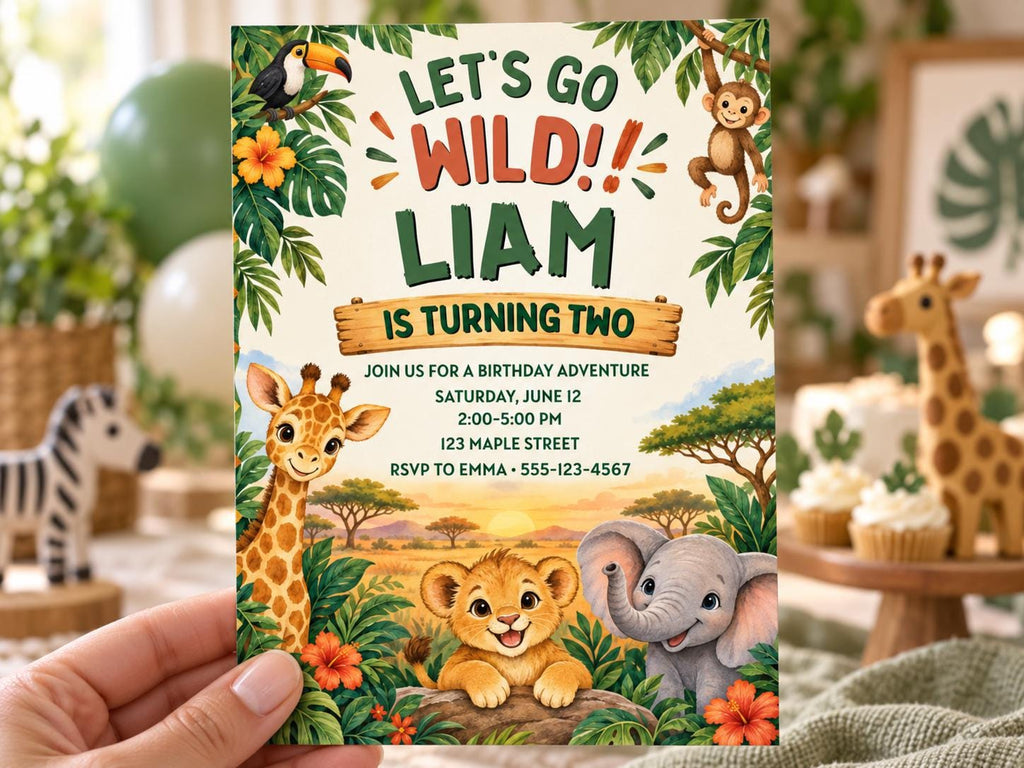The image is a birthday invitation featuring a jungle theme with various animals such as a giraffe, lion, and elephant.