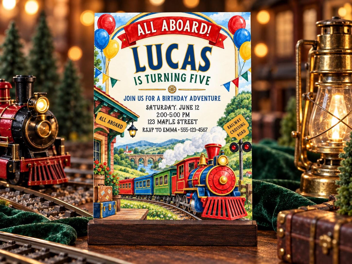 The image is a birthday invitation for a train-themed party for a child named Lucas, who is turning five years old.
