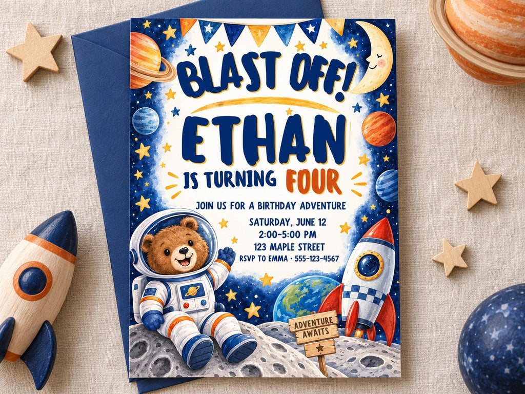 The image is a birthday invitation for a boy named Ethan, who is turning four years old. The invitation features a space theme with a teddy bear astronaut, a rocket ship, and a planet. The invitation also includes details about the birthday party, such as the date, time, location, and RSVP information.