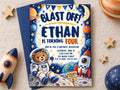 The image is a birthday invitation for a boy named Ethan, who is turning four years old. The invitation features a space theme with a teddy bear astronaut, a rocket ship, and a planet. The invitation also includes details about the birthday party, such as the date, time, location, and RSVP information.