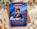 The image is a birthday invitation featuring a cartoon boy dressed as a news reporter, sitting at a news desk with a microphone and laptop, surrounded by a cityscape backdrop.