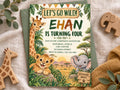 The image is a birthday invitation featuring a jungle theme with illustrations of a giraffe, lion, and elephant.