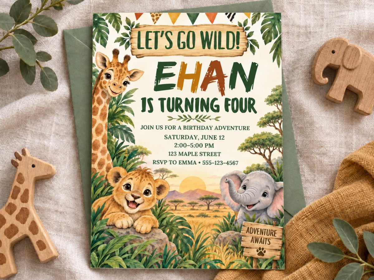 The image is a birthday invitation featuring a jungle theme with illustrations of a giraffe, lion, and elephant.