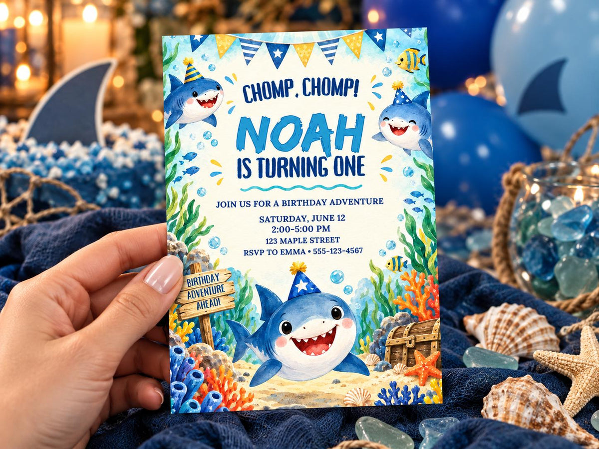 A hand holding a birthday invitation for a child named Noah, featuring a shark theme with illustrations of sharks, bubbles, and a beach scene.