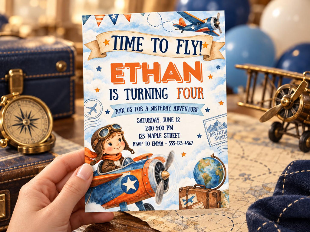 A birthday party invitation for a boy named Ethan, who is turning four years old. The invitation features illustrations of airplanes, a young boy, and a globe, along with the text "Time to fly! Ethan is turning four" and "Join us for a birthday adventure".
