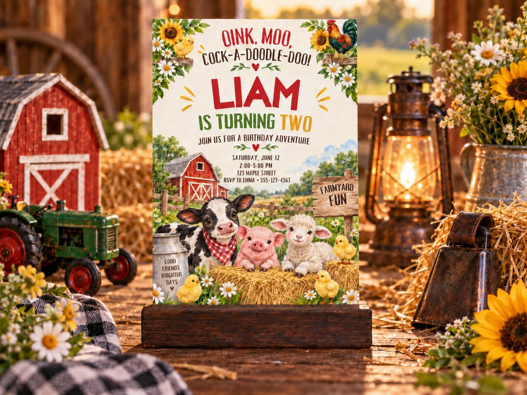 A birthday party invitation for a farm-themed birthday party for a child named Liam, featuring illustrations of farm animals and a barn.