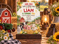 A birthday party invitation for a farm-themed birthday party for a child named Liam, featuring illustrations of farm animals and a barn.