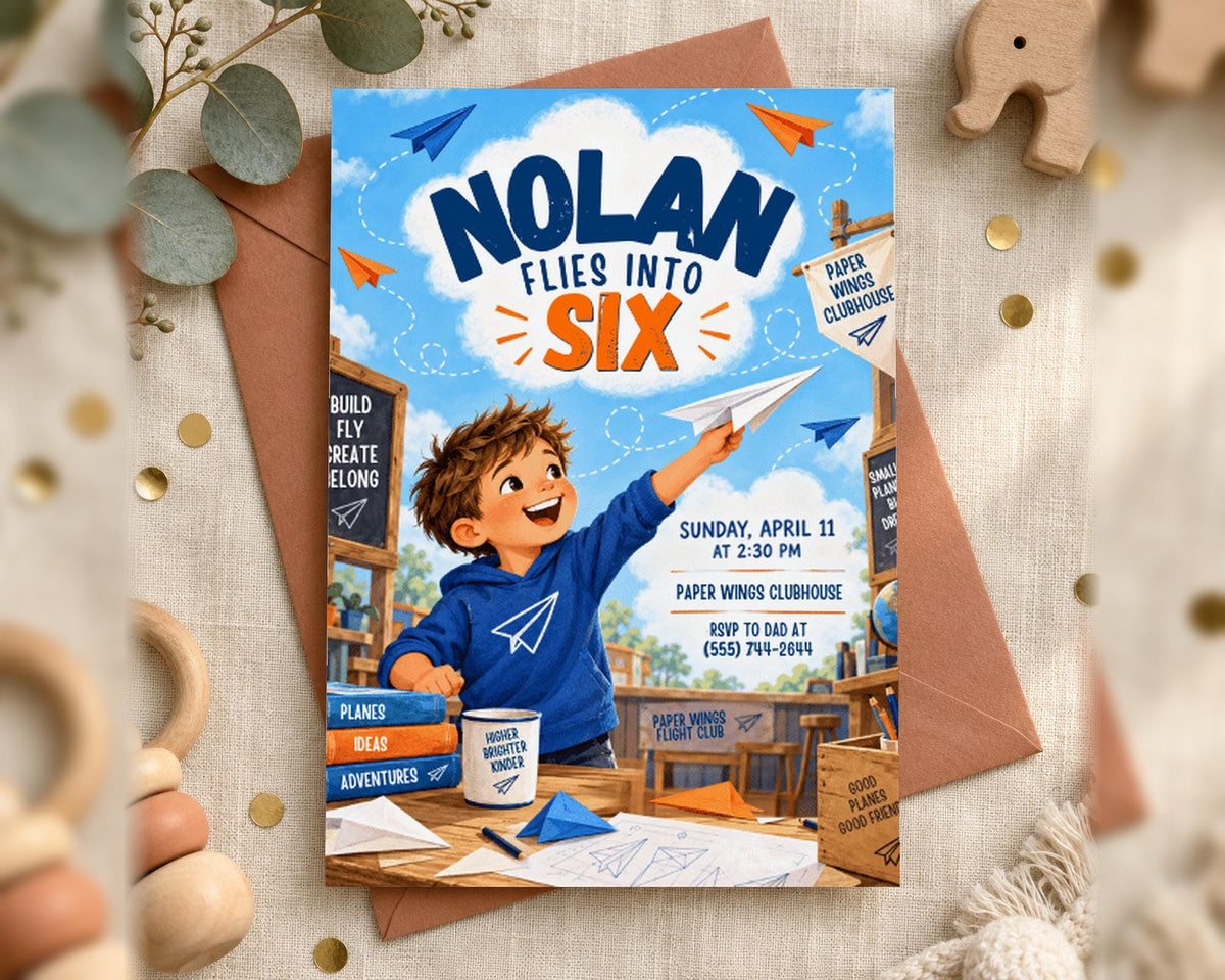 The image is a birthday invitation for a boy named Nolan, who is turning six years old. The invitation features illustrations of a young boy playing with paper airplanes and other toys, along with text providing details about the event.