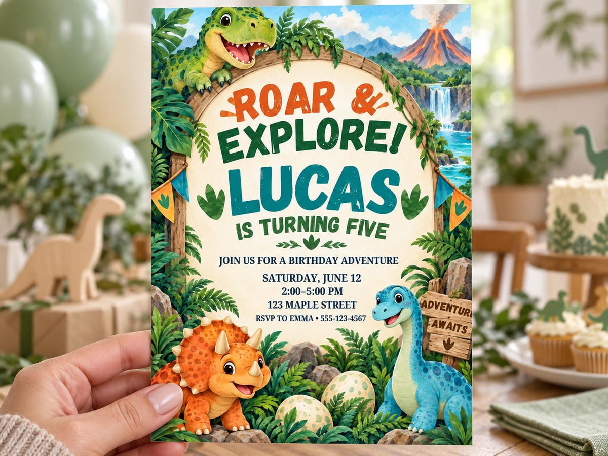 The image is a birthday invitation for a child named Lucas, featuring illustrations of dinosaurs and jungle animals.