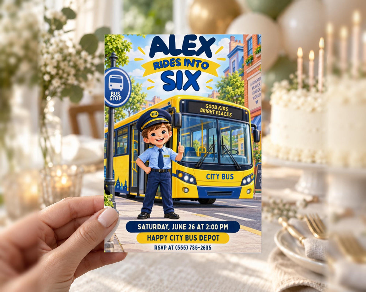 The image is a birthday party invitation featuring a cartoon bus character, with a hand holding the invitation.