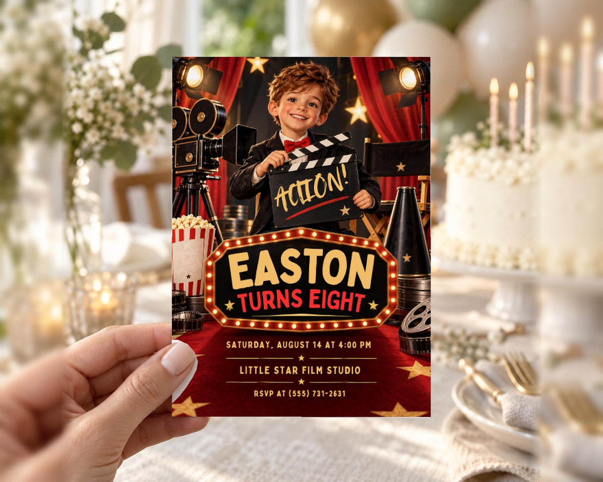 The image is a birthday party invitation for a young boy named Easton, who is turning eight years old. The invitation features a young boy holding a clapperboard, surrounded by movie-related elements such as popcorn, a cake, and a film reel. The event is scheduled for Saturday, August 14th at 4:00 PM at the Little Star Film Studio, and the invitation is RSVPed at (555) 731-3161.