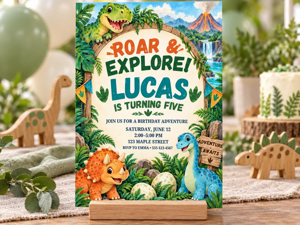 The image is a birthday invitation for a dinosaur-themed party for Lucas, who is turning five.