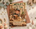 The image is a birthday invitation for a child named Wesley, who is turning six years old. The invitation features a cartoon image of a young boy working on a birdhouse in a woodworking shop. The event is scheduled for Saturday, October 9 at 1:30 PM at The Happy Hammer Shop, and guests are invited to the party at (55) 753-3233.