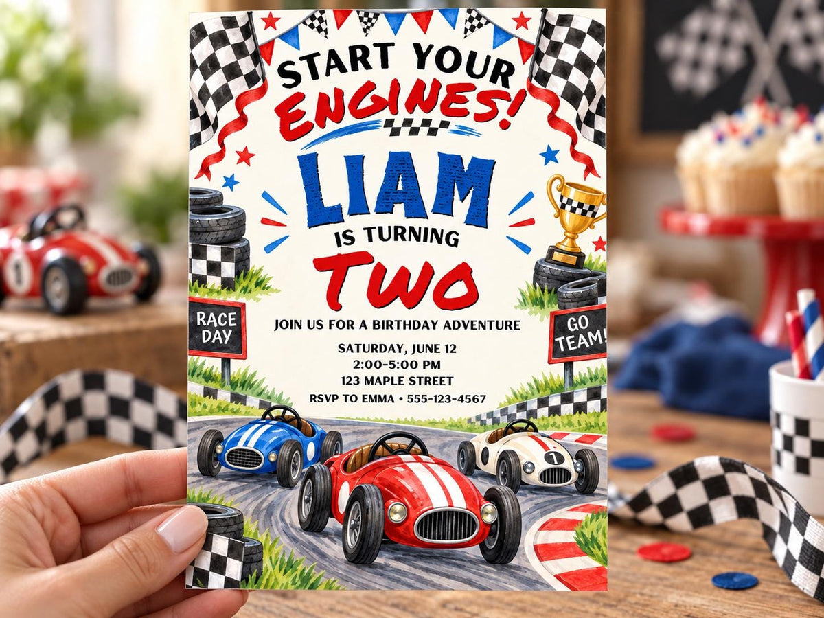 The image is a birthday invitation for a child named Liam, who is turning two years old. The invitation features illustrations of racing cars and includes details about the birthday party, such as the date, time, and location.