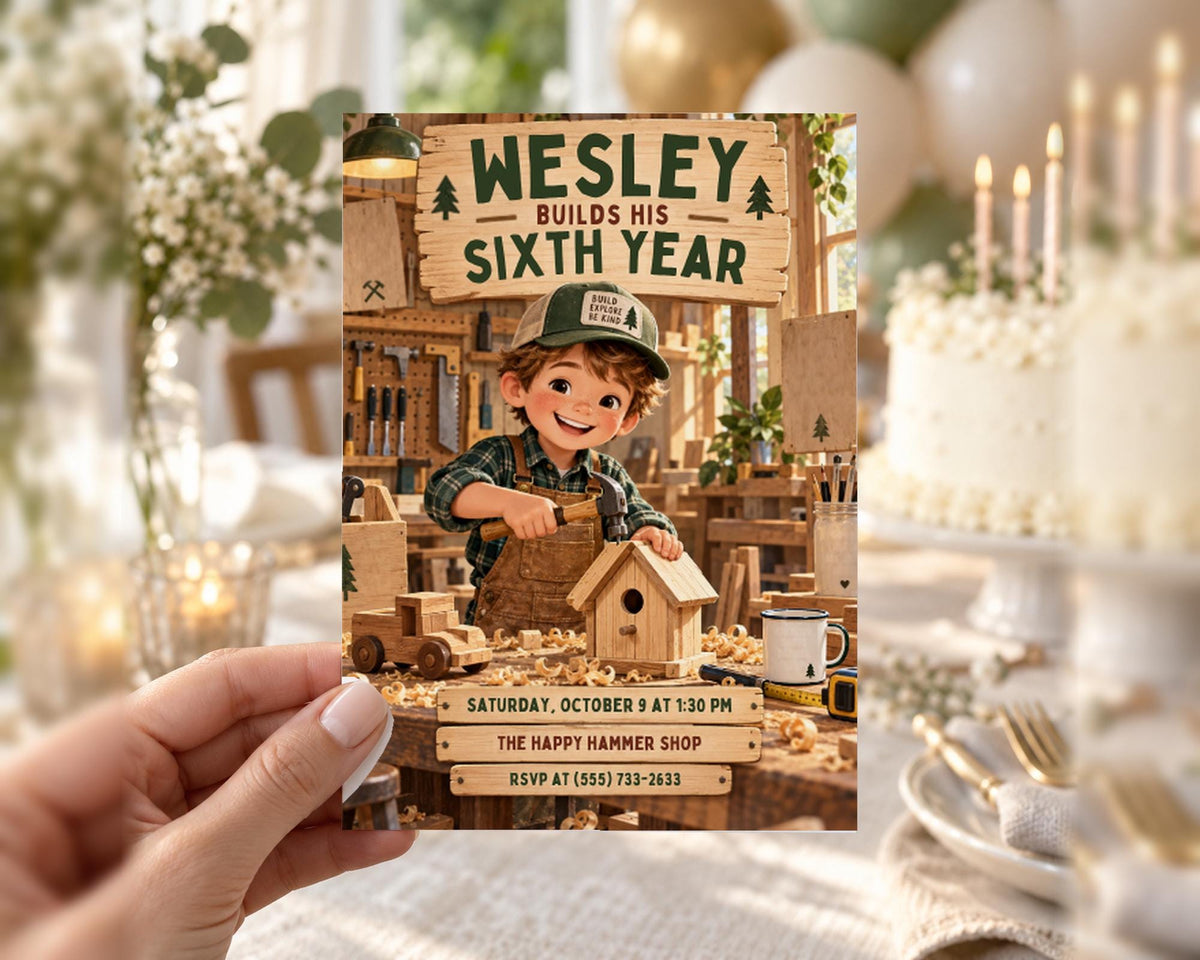 The image is a birthday invitation for a child named Wesley, who is celebrating his sixth birthday. The invitation features a cartoon image of a young boy working on a wooden birdhouse, surrounded by various tools and equipment typically found in a woodworking shop.
