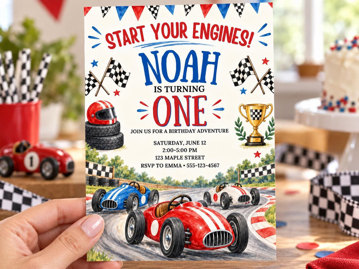 The image is a birthday invitation for a child named Noah, featuring a racing theme with images of race cars and checkered flags.