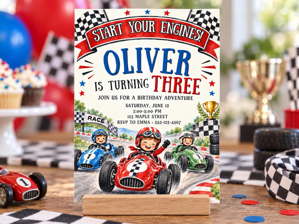 The image is a birthday party invitation for a child named Oliver, who is turning three years old. The invitation features illustrations of racing cars and includes details about the birthday party, such as the date, time, and location.