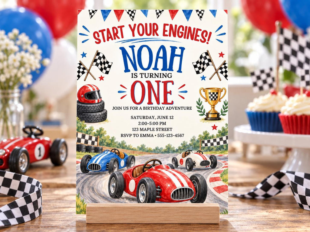 The image is a birthday party invitation featuring a racing theme, with images of race cars and checkered flags.