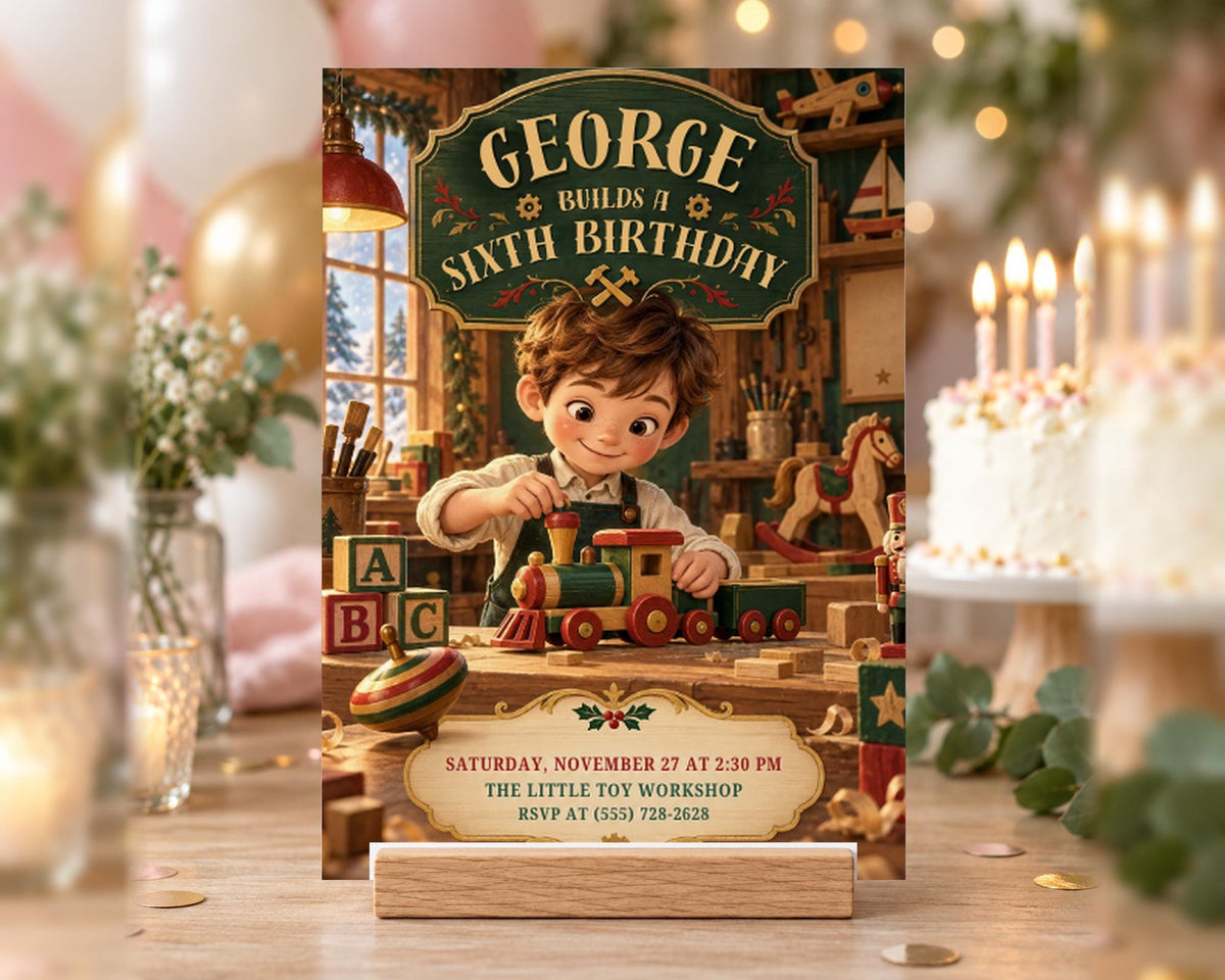 The image is a birthday invitation for a six-year-old named George, featuring a cartoon image of a young boy playing with toys in a workshop.