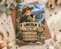 The image is a birthday invitation for a child named Lincoln, who is a Junior National Park Ranger. The invitation features a cartoon image of a young boy wearing a hat and backpack, holding binoculars and standing in front of a sign that says "Lincoln Explores". The invitation also includes details about the event, such as the date, time, location, and RSVP information.