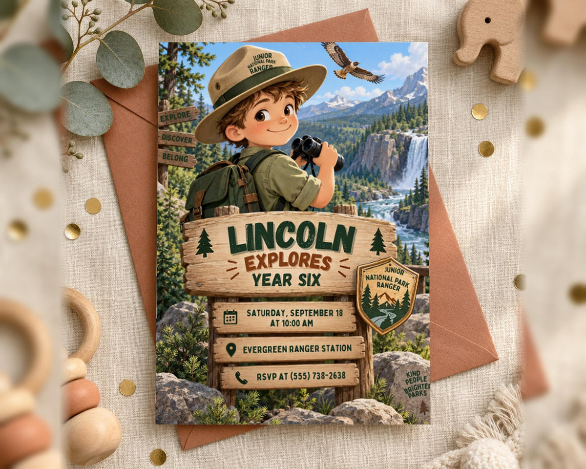 The image is a birthday invitation for a child named Lincoln, who is a Junior National Park Ranger. The invitation features a cartoon image of a young boy wearing a hat and backpack, holding binoculars and standing in front of a sign that says "Lincoln Explores". The invitation also includes details about the event, such as the date, time, location, and RSVP information.