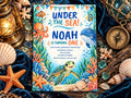 The image is a birthday invitation for Noah, featuring illustrations of an octopus, a whale, and a turtle, surrounded by ocean-themed decorations such as seashells, starfish, and a lantern.