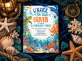 The image is a birthday invitation for a child named Oliver, featuring illustrations of sea creatures and an underwater scene.