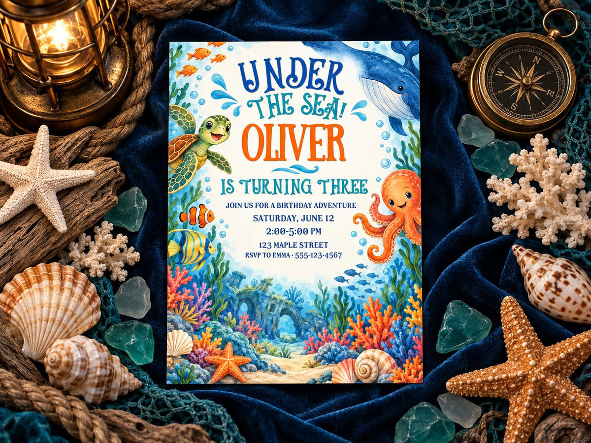 The image is a birthday invitation for a child named Oliver, featuring illustrations of sea creatures and an underwater scene.