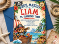 The image is a birthday invitation for a boy named Liam, who is turning two years old. The invitation features a pirate theme with a teddy bear dressed as a pirate, a pirate ship, and a treasure chest. The invitation also includes details about the birthday party, such as the date, time, and location.