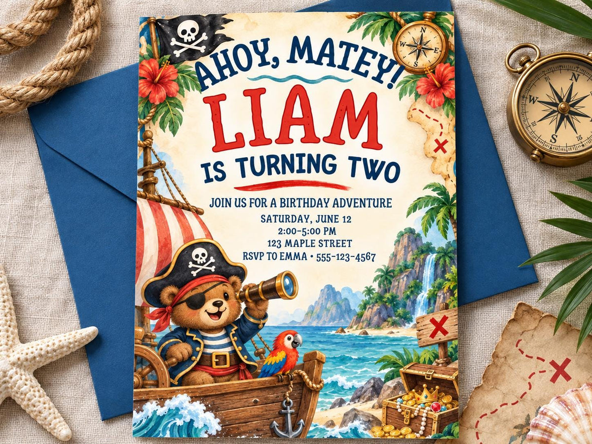 The image is a birthday invitation for a boy named Liam, who is turning two years old. The invitation features a pirate theme with a teddy bear dressed as a pirate, a pirate ship, and a treasure chest. The invitation also includes details about the birthday party, such as the date, time, and location.