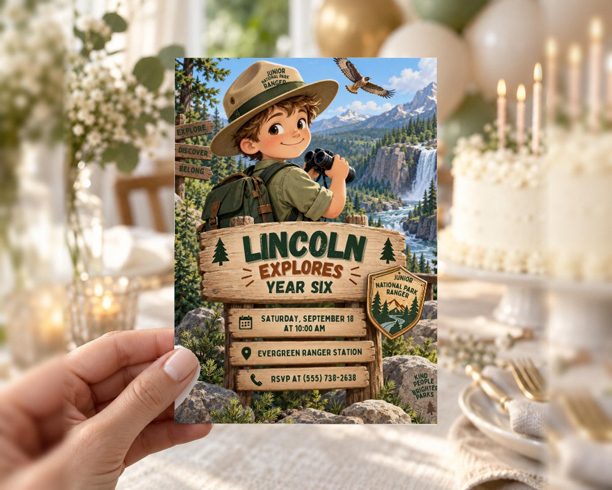 The image is a birthday invitation for a child named Lincoln, who is a Junior Ranger. The invitation features a cartoon image of a young boy wearing a hat and backpack, holding a binocular, and standing in front of a sign that says "Lincoln Explores Year Six". The invitation also includes details about the event, such as the date, time, location, and RSVP information.