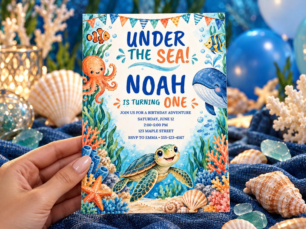 A hand holding a birthday invitation card with an underwater theme, featuring illustrations of an octopus, whale, turtle, and starfish, along with the text "Under the Sea! Noah is Turning One" and details about a birthday party.