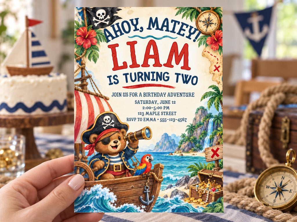 A birthday party invitation for a boy named Liam, featuring a pirate theme with a teddy bear pirate and a pirate ship.